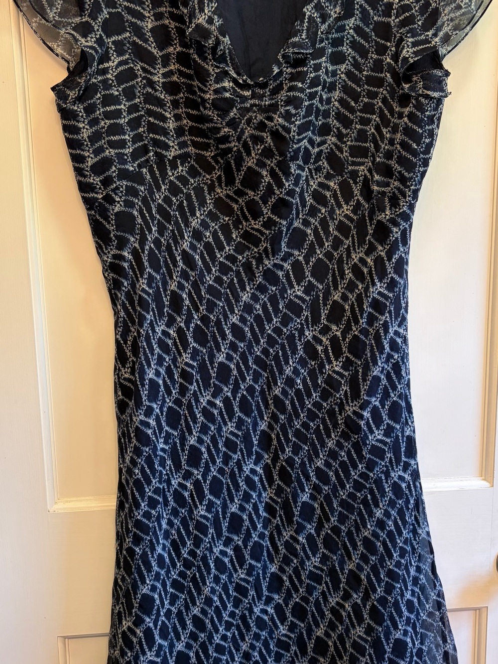 Vintage 100% Silk Amanda Lane Navy Patterned Midi Dress Sheer Cap Sleeves U1